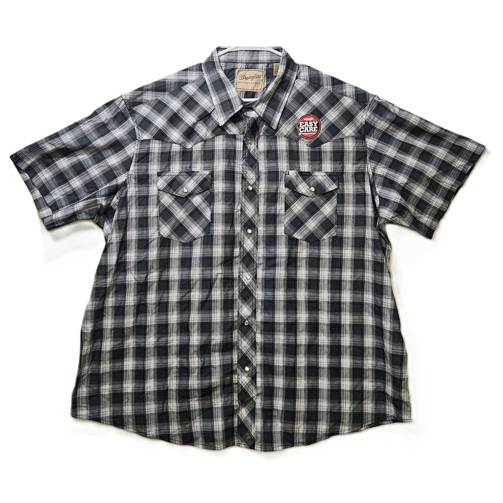 Wrangler Men's Western Shirt Gray Plaid Pearl Snap Short Sleeve Size 2XL, NwoT